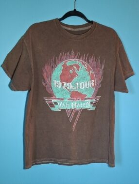 Van Halen Graphic Tee - Brown with Teal & Burgundy Print